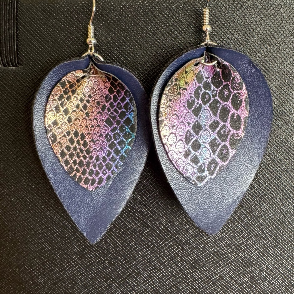 NWT Navy and Snake Print Petal Shaped Faux Leather Earrings